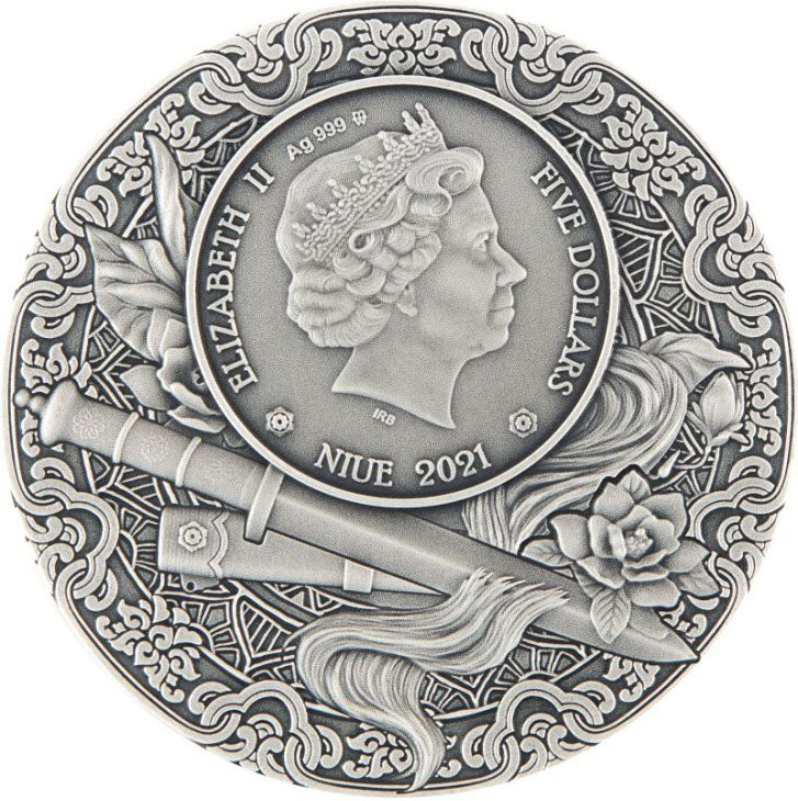 Niue 2021 $5 Heroines Hua Mulan 2oz Silver Coloured Antiqued Coin