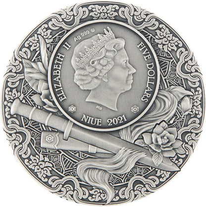 Niue 2021 $5 Heroines Hua Mulan 2oz Silver Coloured Antiqued Coin