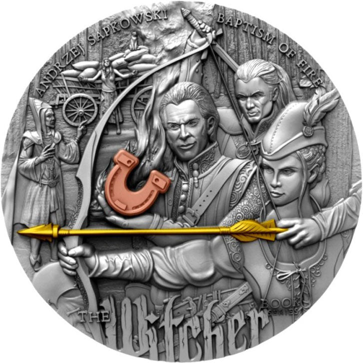 Niue 2023 $5 The Witcher Baptism of Fire 2oz Silver Coloured Antiqued Coin