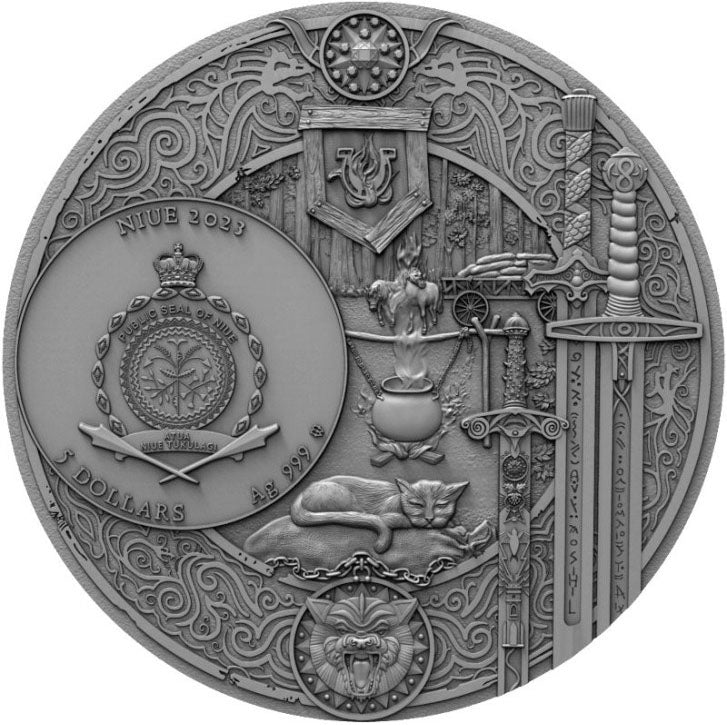 Niue 2023 $5 The Witcher Baptism of Fire 2oz Silver Coloured Antiqued Coin
