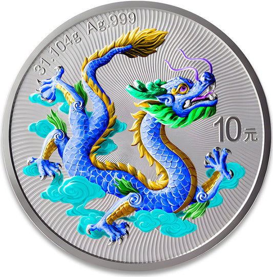 China 2025 10 Yuan Chinese Blue Dragon 1oz Silver Coloured Bullion Coin