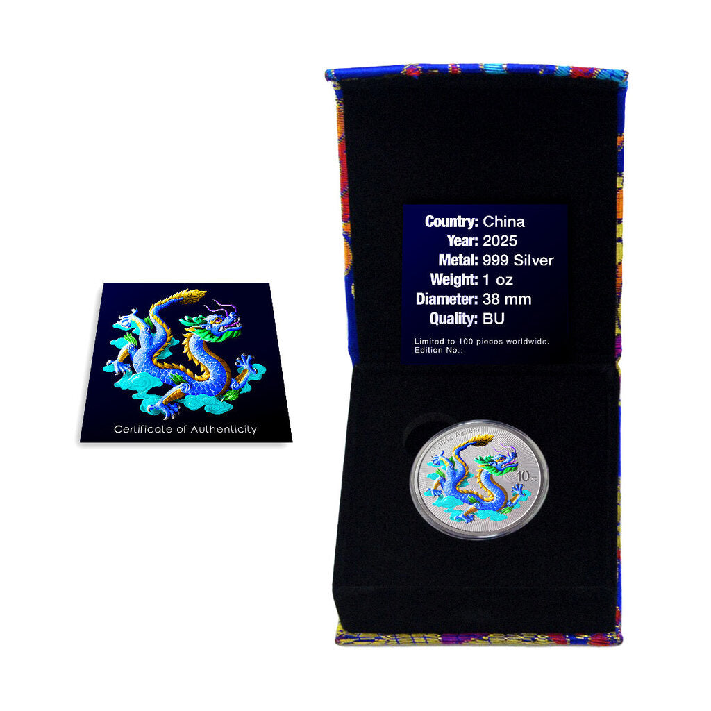 China 2025 10 Yuan Chinese Blue Dragon 1oz Silver Coloured Bullion Coin