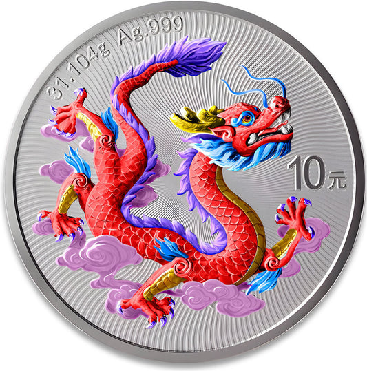 China 2025 10 Yuan Chinese Red Dragon 1oz Silver Coloured Bullion Coin