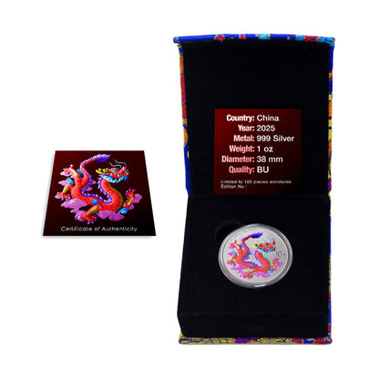China 2025 10 Yuan Chinese Red Dragon 1oz Silver Coloured Bullion Coin