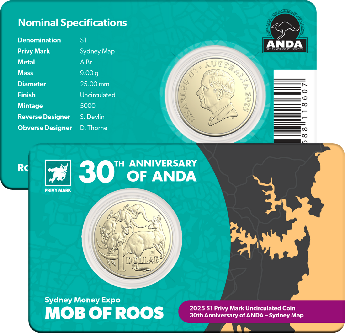 2025 $1 ANDA Sydney 30th Anniversary of ANDA Sydney Map Privy Mark Uncirculated Coin