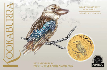 2025 $1 ANDA Sydney Australian Kookaburra 35th Anniversary 'Perched Kookaburra' Privy Mark 1oz Silver Gold Plated Coin