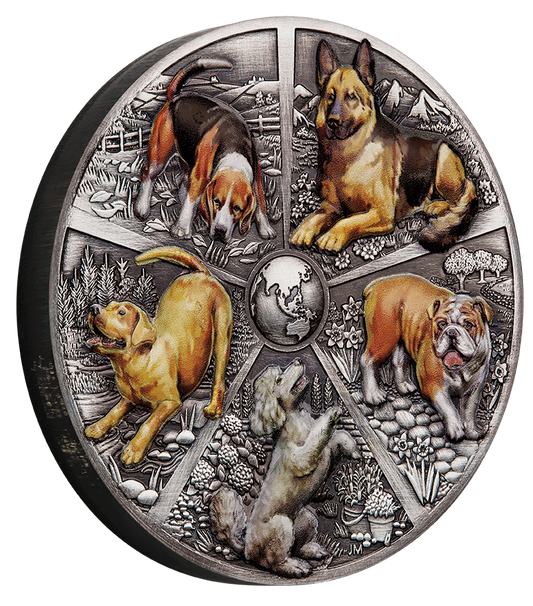 Tuvalu 2025 $5 World Popular Dogs 5oz Silver Coloured Antiqued Coin