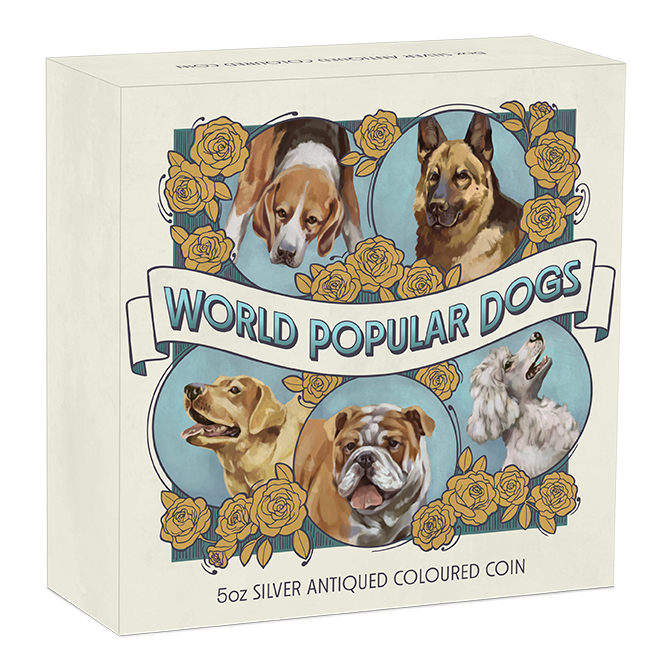 Tuvalu 2025 $5 World Popular Dogs 5oz Silver Coloured Antiqued Coin