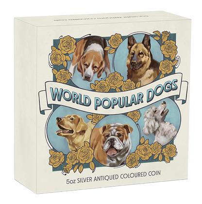 Tuvalu 2025 $5 World Popular Dogs 5oz Silver Coloured Antiqued Coin