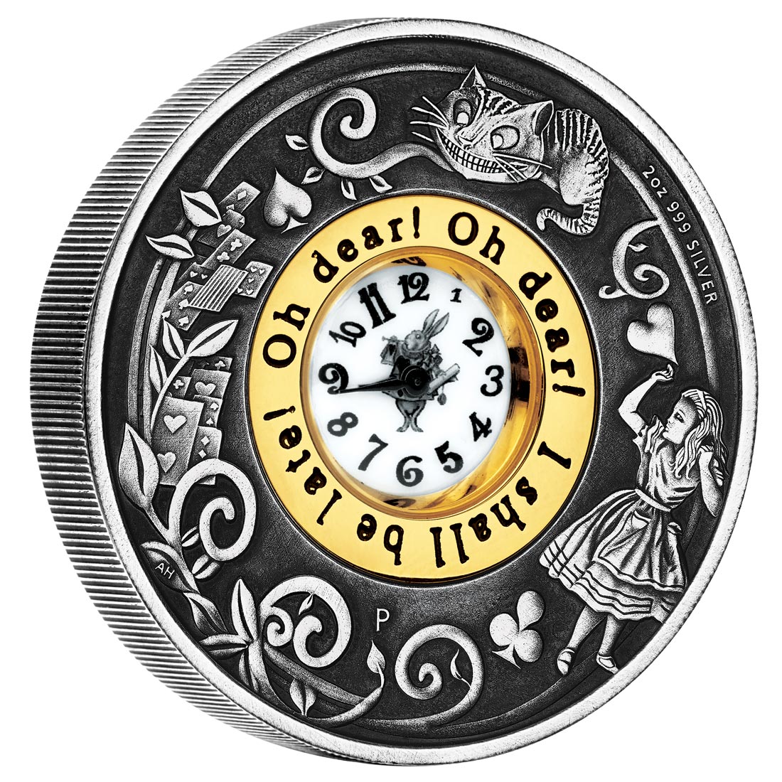 Tuvalu 2015 $2 150th Anniversary of Alice In Wonderland 2oz Silver Antiqued Clock Coin