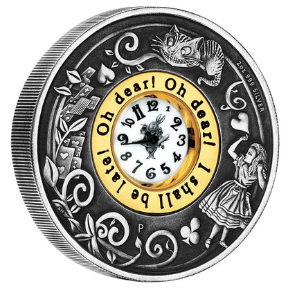 Tuvalu 2015 $2 150th Anniversary of Alice In Wonderland 2oz Silver Antiqued Clock Coin