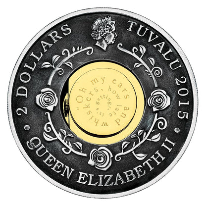 Tuvalu 2015 $2 150th Anniversary of Alice In Wonderland 2oz Silver Antiqued Clock Coin