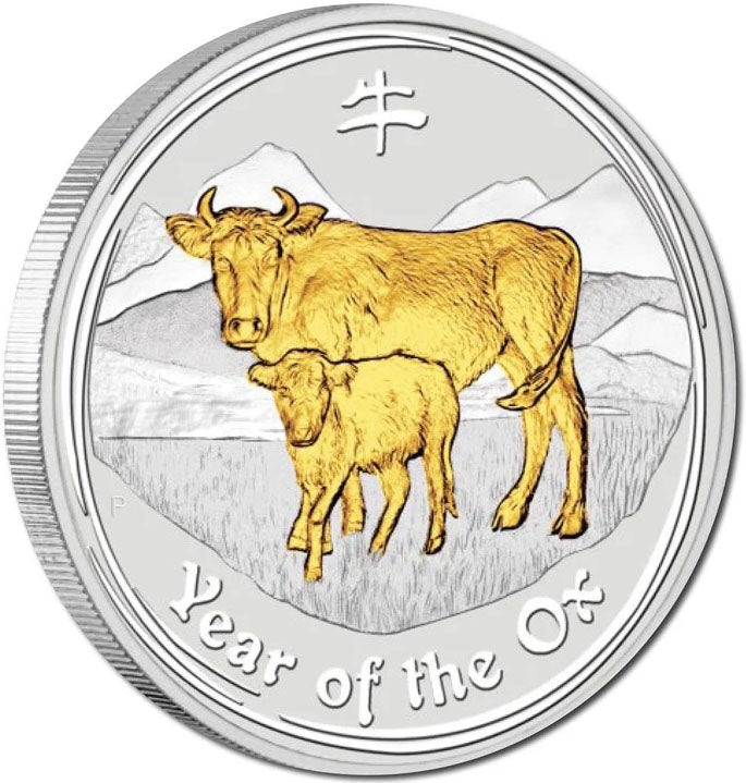 2009 $1 Lunar Year of The Ox 1oz Silver Gilded Coin