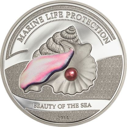 Palau 2014 $5 Marine Life Protection Beauty of The Sea with Pearl Insert Silver Coloured Proof Coin
