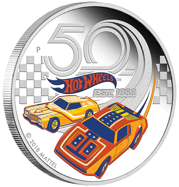 Tuvalu 2018 $1 Hot Wheels 50th Anniversary 1oz Silver Coloured Proof Coin