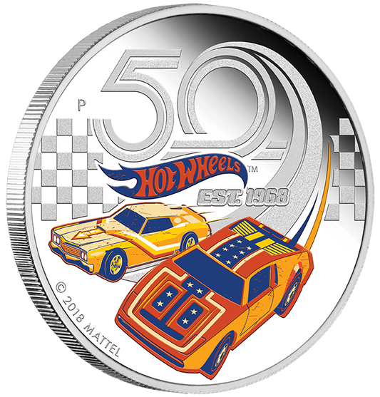 Tuvalu 2018 $1 Hot Wheels 50th Anniversary 1oz Silver Coloured Proof Coin