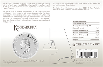 2026 $1 WMF Berlin Australian Kookaburra Ampelmännchen Privy Mark 1oz Silver Coloured Uncirculated Coin