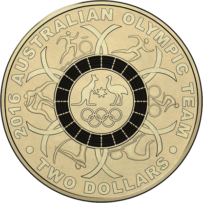 2016 $2 Australian Olympic Team Black Ring Coloured Al-Bronze Uncirculated Coin