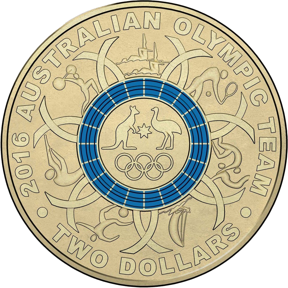 2016 $2 Australian Olympic Team Blue Ring Coloured Al-Bronze Uncirculated Coin