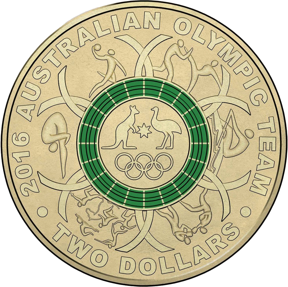 2016 $2 Australian Olympic Team Green Ring Coloured Al-Bronze Uncirculated Coin