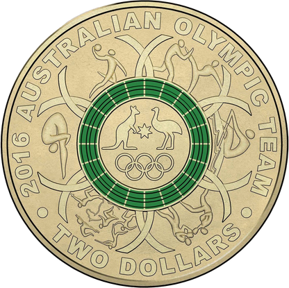 2016 $2 Australian Olympic Team Green Ring Coloured Al-Bronze Uncirculated Coin