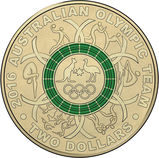 2016 $2 Australian Olympic Team Green Ring Coloured Al-Bronze Uncirculated Coin