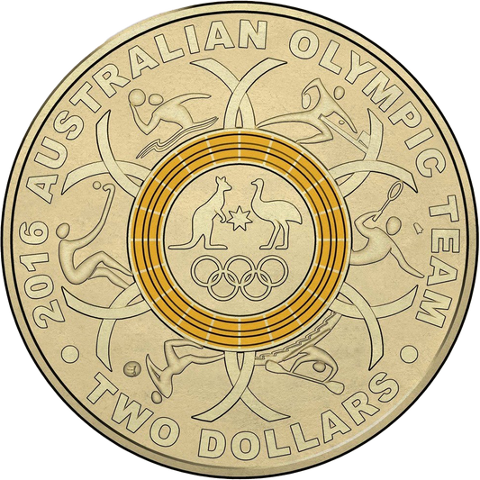 2016 $2 Australian Olympic Team Yellow Ring Coloured Al-Bronze Uncirculated Coin