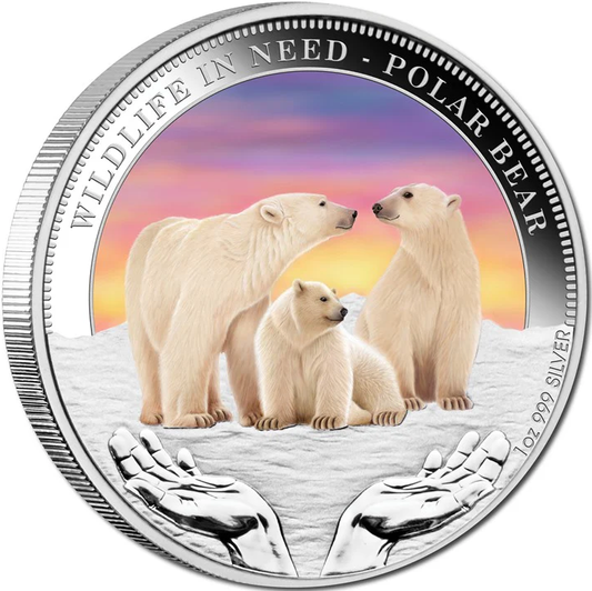 Tuvalu 2012 $1 Wildlife In Need Polar Bear 1oz Silver Coloured Proof Coin