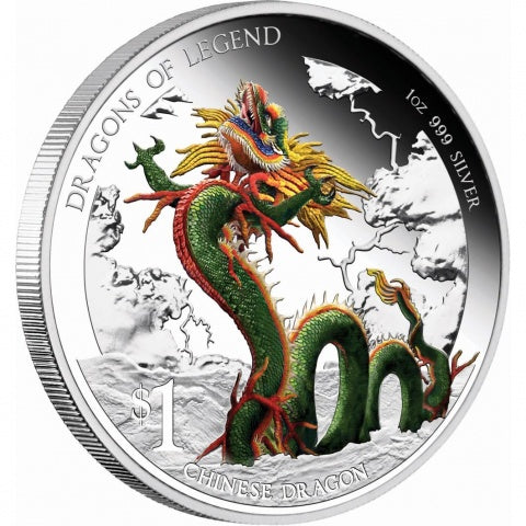 Tuvalu 2012 $1 Dragons of Legends Chinese Dragon 1oz Silver Coloured Proof Coin