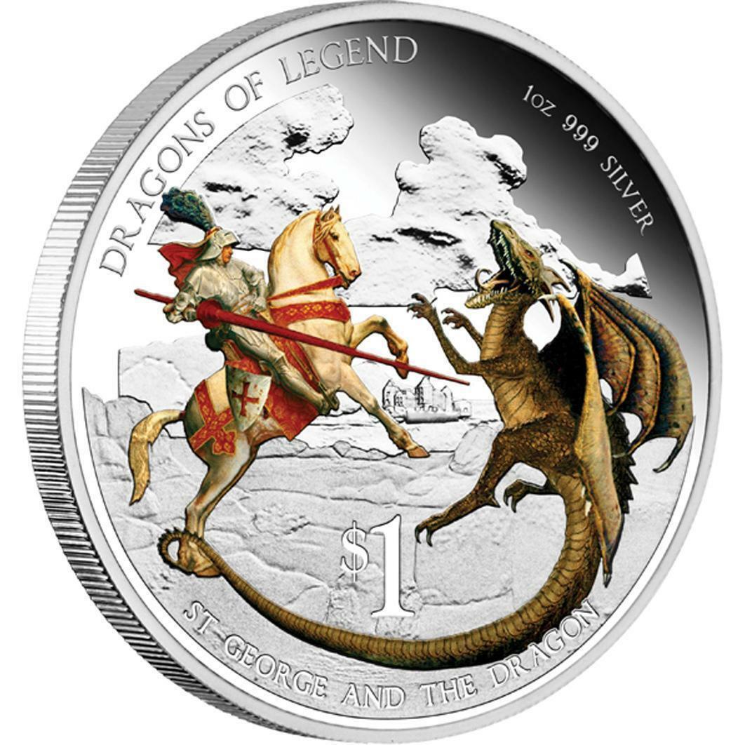 Tuvalu 2012 $1 Dragons of Legends St George and The Dragon 1oz Silver Coloured Proof Coin