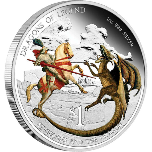 Tuvalu 2012 $1 Dragons of Legends St George and The Dragon 1oz Silver Coloured Proof Coin