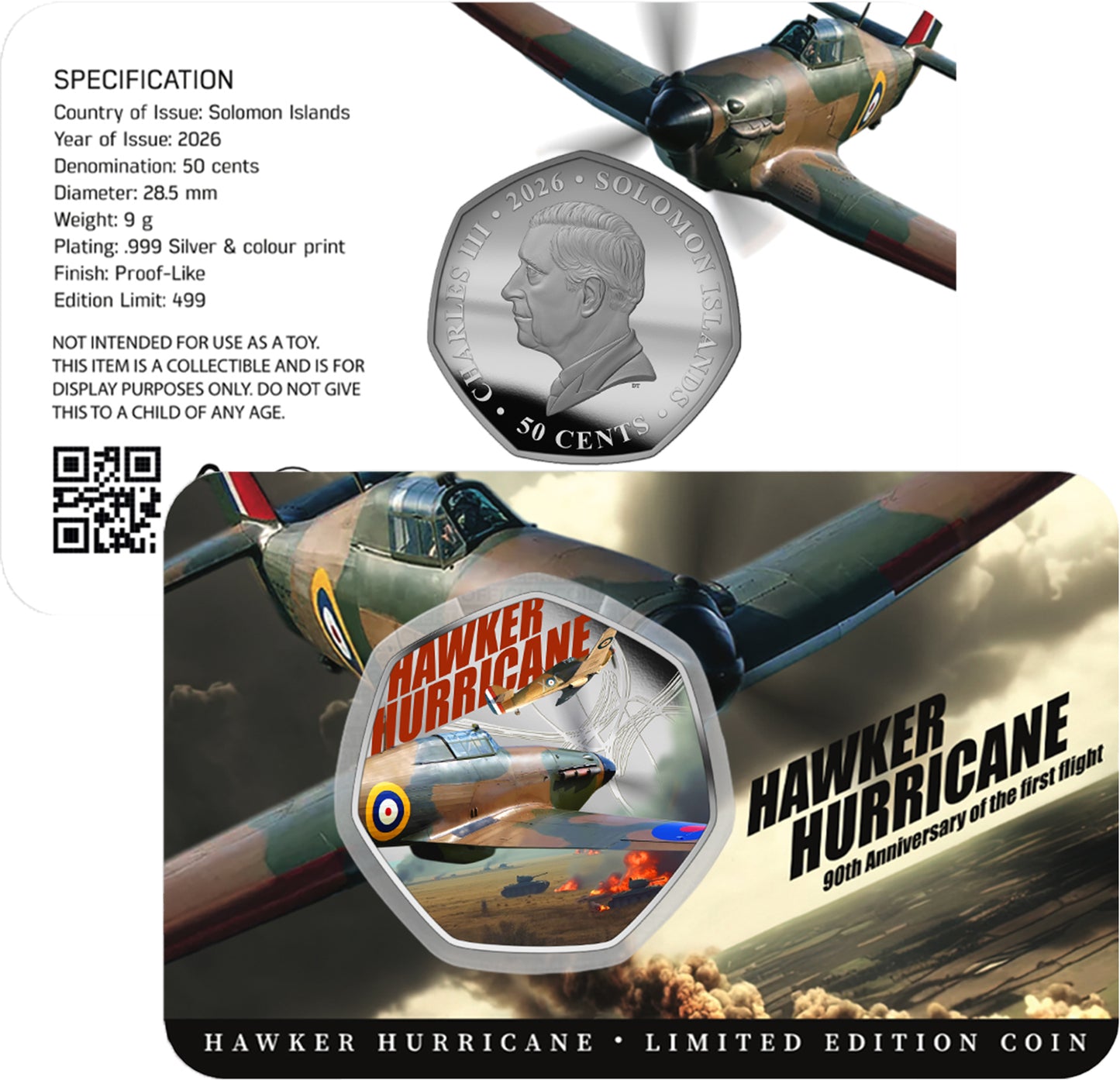 Solomon Islands 2026 50c Hawker Hurricane 90th Anniversary of The First Flight Coloured Uncirculated Coin