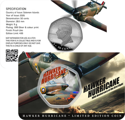 Solomon Islands 2026 50c Hawker Hurricane 90th Anniversary of The First Flight Coloured Uncirculated Coin