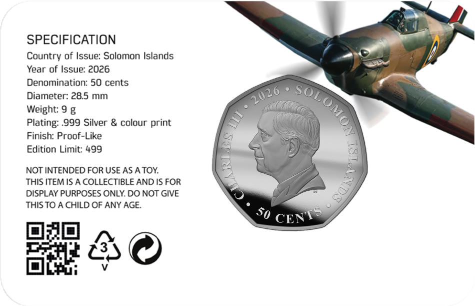 Solomon Islands 2026 50c Hawker Hurricane 90th Anniversary of The First Flight Coloured Uncirculated Coin