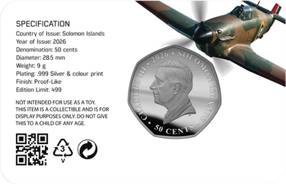 Solomon Islands 2026 50c Hawker Hurricane 90th Anniversary of The First Flight Coloured Uncirculated Coin