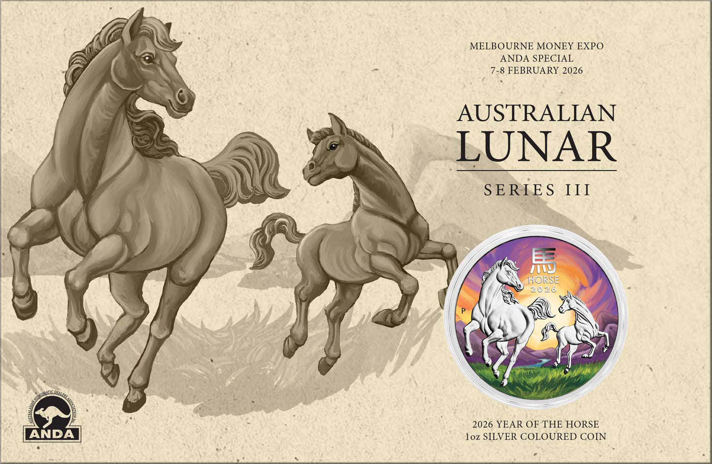 2026 $1 ANDA Melbourne Lunar Year of The Horse 1oz Silver Coloured Uncirculated Coin
