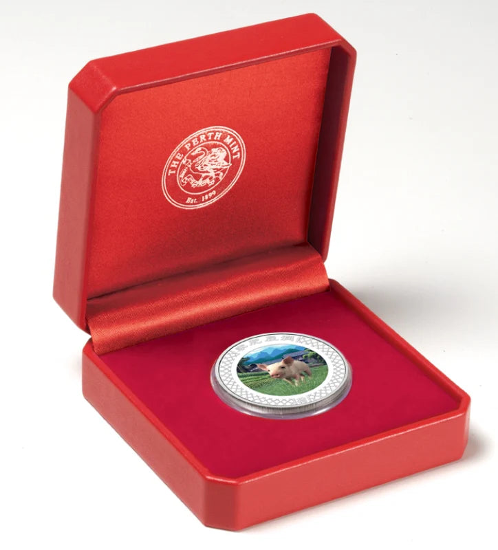 2007 $1 Lunar Year of The Pig 1oz Silver Coloured Lenticular Proof Coin