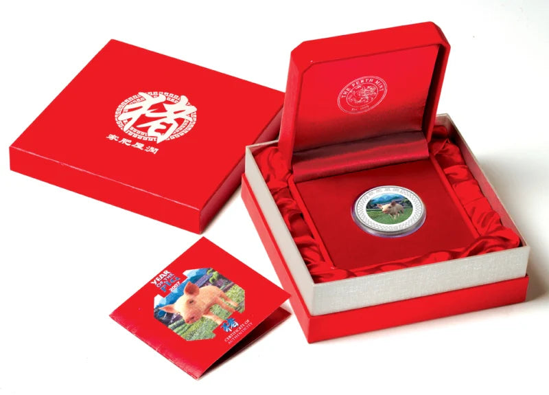 2007 $1 Lunar Year of The Pig 1oz Silver Coloured Lenticular Proof Coin