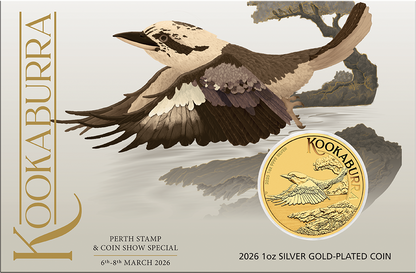 2026 $1 ANDA Perth Australian Kookaburra Gold Plated 1oz Silver Uncirculated Coin