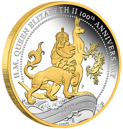 2026 $1 100th Anniversary of HM Queen Elizabeth Selectively Gold Plated 1oz Silver Proof Coin