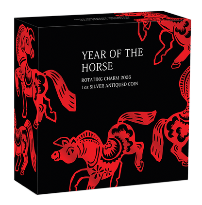Tuvalu 2026 $1 Lunar Year of The Horse Rotating Charm 1oz Silver Antiqued Coin