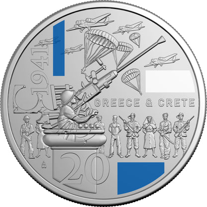 2026 20c 1941 Service Amid Strife Greece and Crete Coloured Uncirculated Coin
