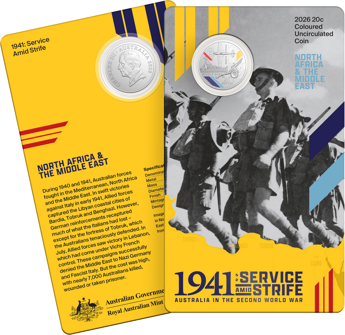 2026 20c 1941 Service Amid Strife North Africa and Middle East Coloured Uncirculated Coin