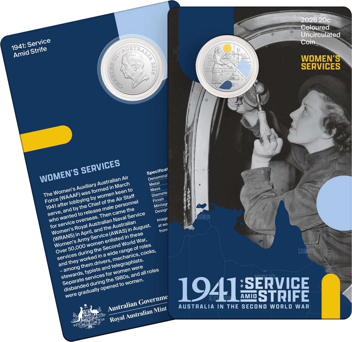 2026 20c 1941 Service Amid Strife Women's Services Coloured Uncirculated Coin