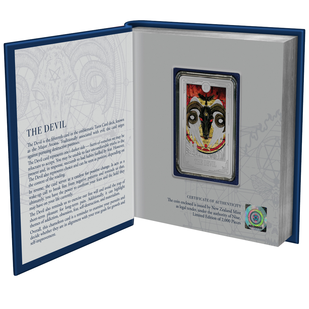 Niue 2024 $2 Tarot Cards The Devil 1oz Silver Coloured Proof Rectangle Coin