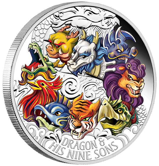 Tuvalu 2015 $5 Dragon and His Nine Sons 5oz Silver Coloured Proof Coin