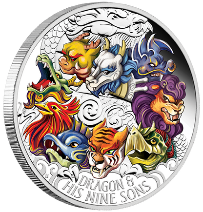Tuvalu 2015 $5 Dragon and His Nine Sons 5oz Silver Coloured Proof Coin
