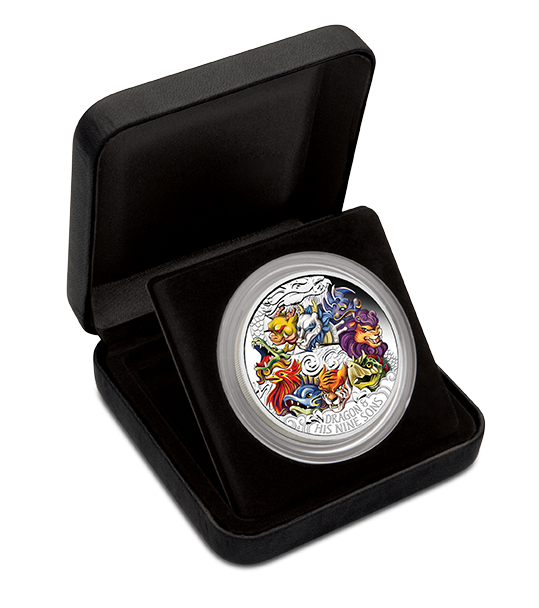 Tuvalu 2015 $5 Dragon and His Nine Sons 5oz Silver Coloured Proof Coin