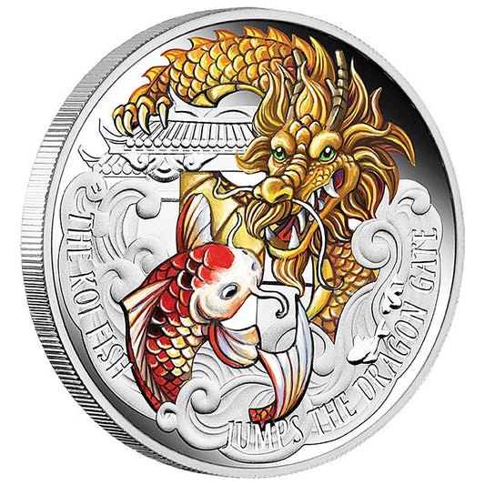 Tuvalu 2016 $5 The Koi Fish Jumps The Dragon Gate 5oz Silver Coloured Proof Coin