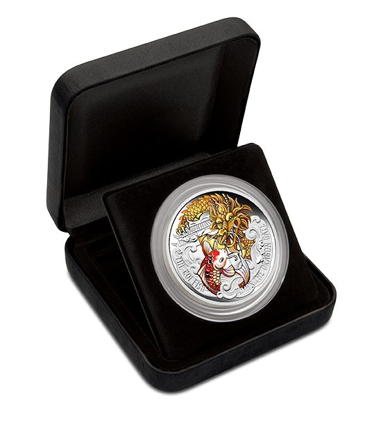 Tuvalu 2016 $5 The Koi Fish Jumps The Dragon Gate 5oz Silver Coloured Proof Coin